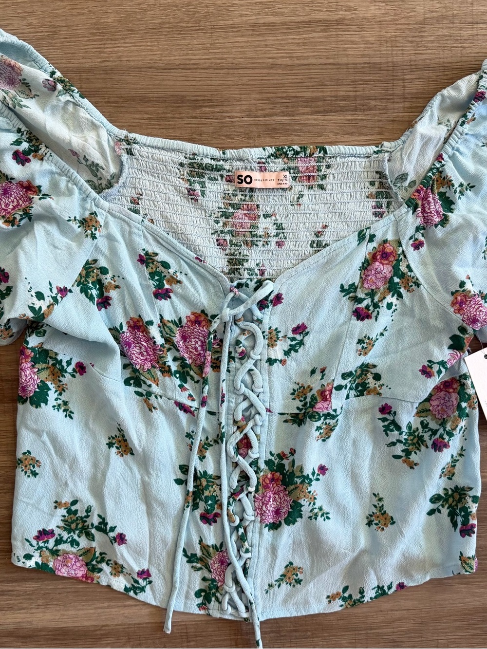 SO Mint Blue Floral Lace-Up Off-Shoulder Crop Top